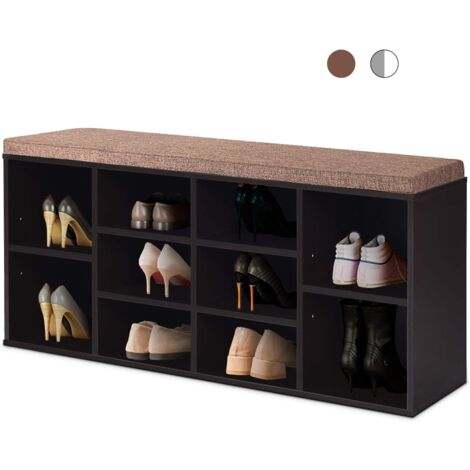 GOPLUS Banc à Chaussures, Banc de Rangement avec 10 Compartiments, Meuble Chaussures d'Entrée avec étagères Réglables et Coussin Amovible, Charge Max 100 KG (Brun)