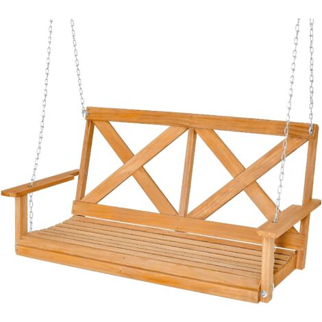 Goplus – Banc de balançoire en bois pour 2 personnes – Dossier haut et accoudoirs – Capacité 240 kg – Chaînes métalliques réglables – Dimensions 134x60x65 cm