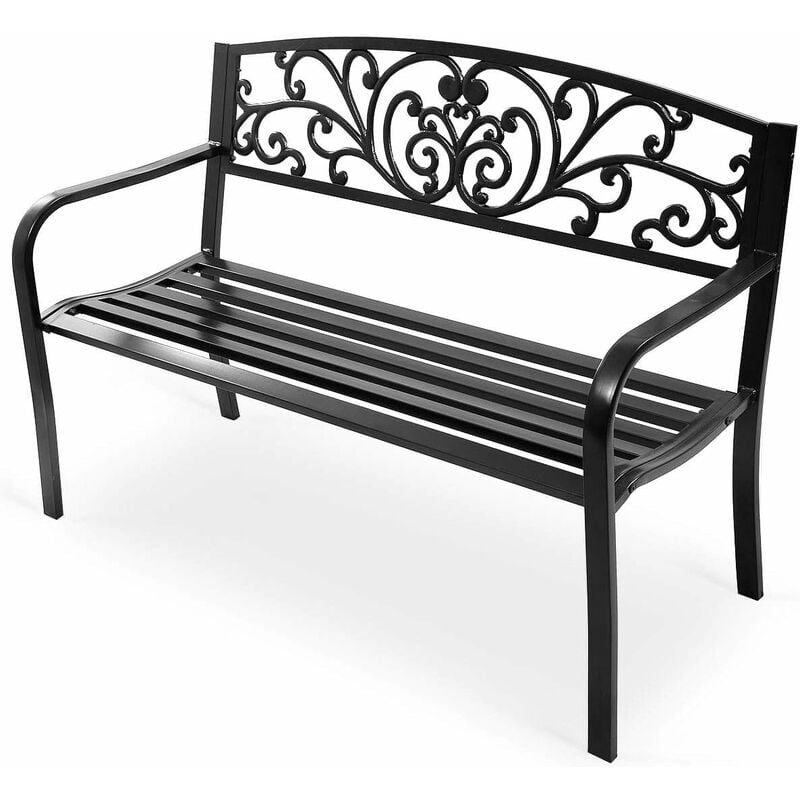 Goplus - Banc de Jardin terrasse, Banquette en Acier et Dossier en Fer, Style Elegant et Chic, Place Assise pour 2 Personnes, Motif