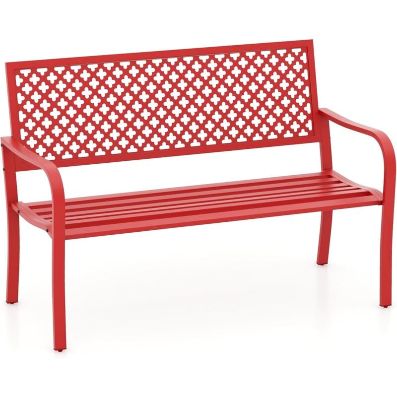 Goplus - Banc d'Extérieur pour 2 Personnes, 127cm Banc de Jardin en Métal avec Dossier et Assise à Lattes, Accoudoirs Courbés Ergonomiques, Banc