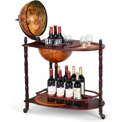 GOPLUS Bar Globe Rangement Vin en Bois Rack/Cabinet Globe Italien du 16e Siecle avec 3 Pieds,Porte-Bouteille,Casier Bouteilles en Bois avec 3 roulettes (Marron XL)
