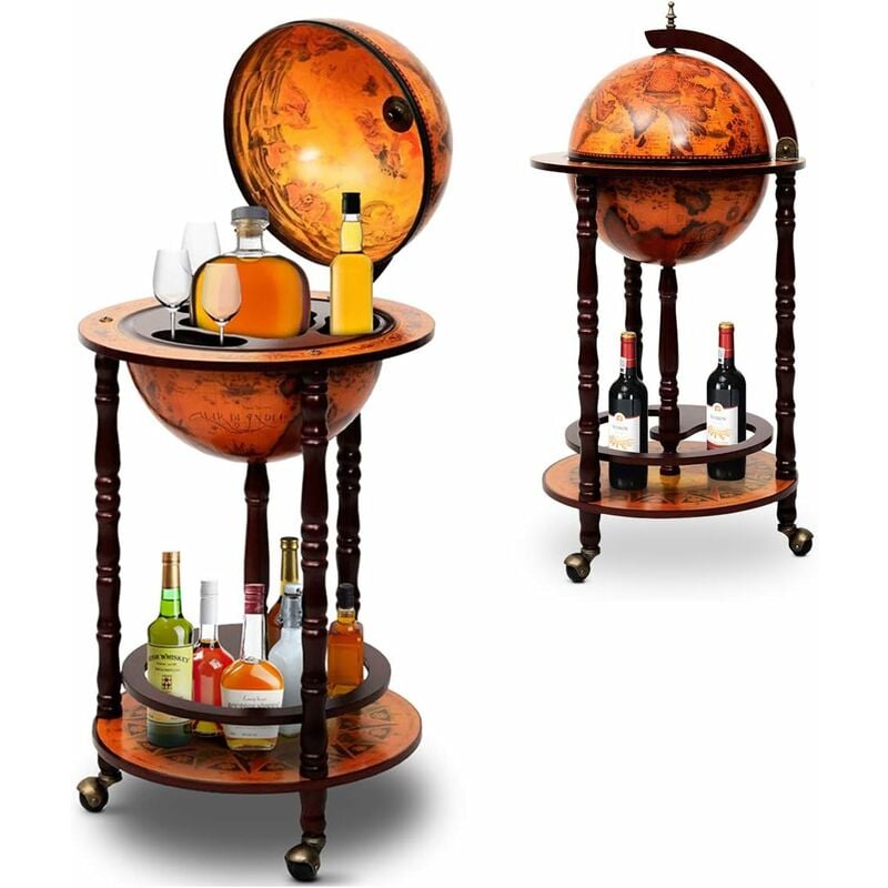 Goplus - Bar Globe Terrestre avec 3 Roues-Porte Bouteilles en Bois-Mini Bar Roulant-4 Compartiments-Bon Cadeau