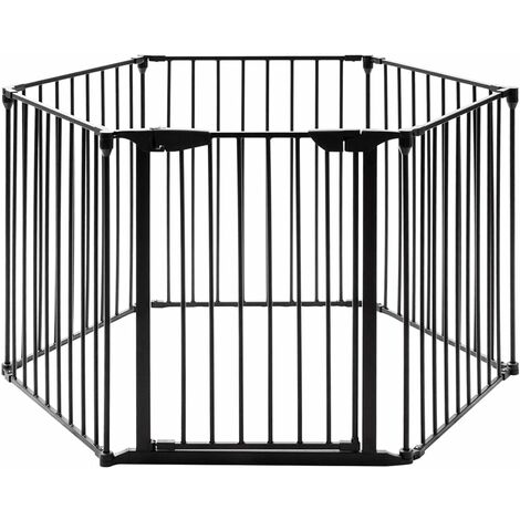 GOPLUS Barriere de Securite Enfant Bebe Animal, Grill de Protection de Cheminee en Fer, Cloture de Securite Escaliers, 5 Barreaux avec 1 Porte, 380X75CM (Noir)