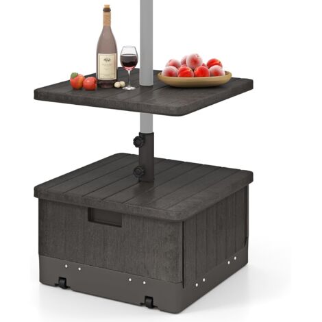 GOPLUS Base de Parasol Mobile pour Parasol de 38/48 mm, Remplissable d'eau 45L et de Sable 67KG, Bac à Plantes avec roulettes et Poignée, Plateau de Table, Sac de Poids, 2 Boutons Réglables (Marron)