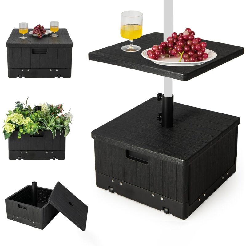 Base de Parasol Mobile pour Parasol de 38/48 mm, Remplissable d'eau 45L et de Sable 67KG, Bac à Plantes avec roulettes et Poignée, Plateau de Table,