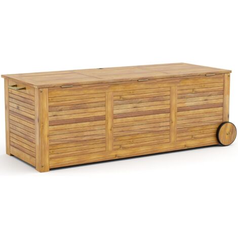 GOPLUS Baule da 182 Litri con Ruote, Carico 150 kg, Cassapanca da Giardino in Legno di Acacia con 2 Ruote, Maniglia Laterale e Copertura Impermeabile, Naturale