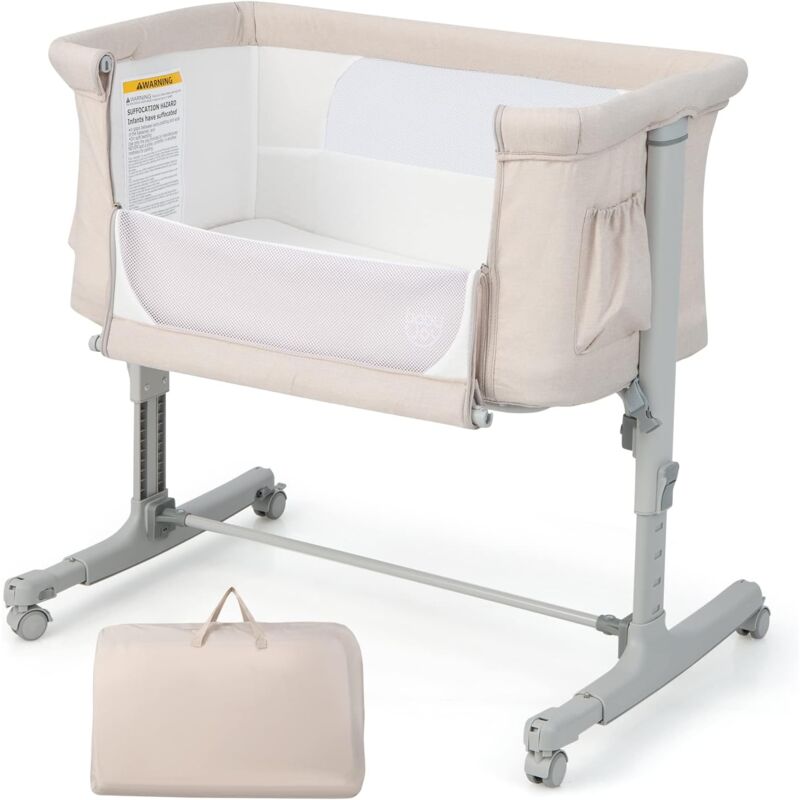 Goplus - Berceau pour Bébé 3 en 1, Lit pour Cododo Portable avec Mode Berceau, Matelas Amovible, Hauteur Réglable, Poches de Rangement et Roues
