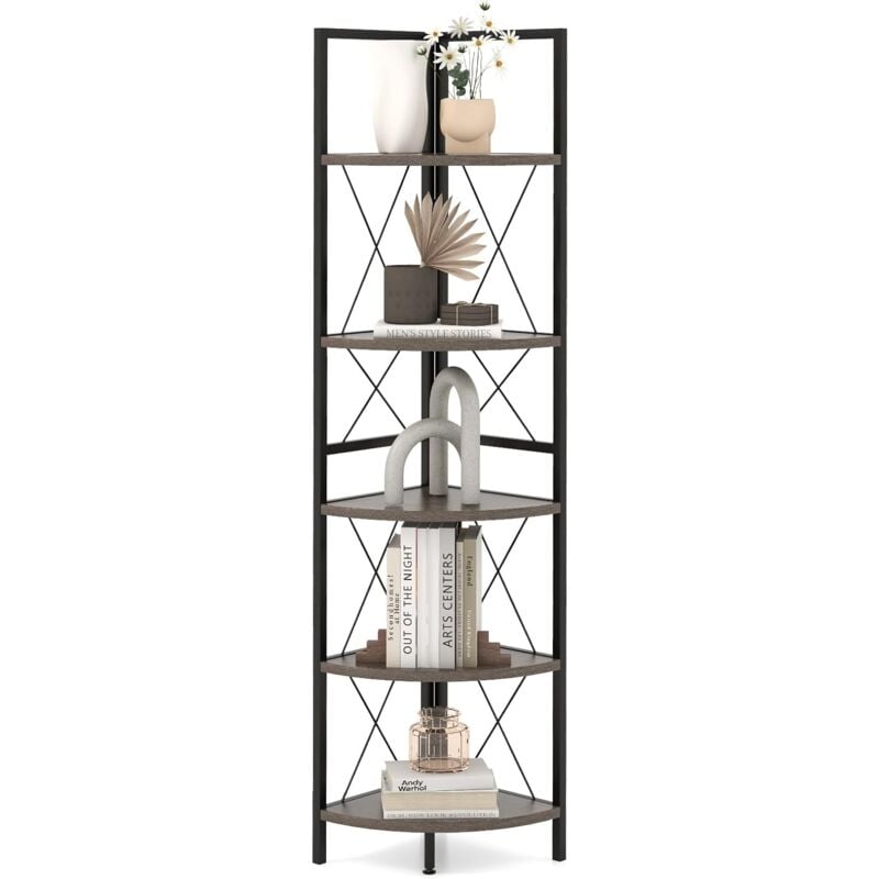 Goplus - Biblioque Étagère Angle à 5 Niveaux, Etagère de Rangement 160cm, Cadre en Métal, Kits Anti-basculement, Supports en Forme de 'x', Style