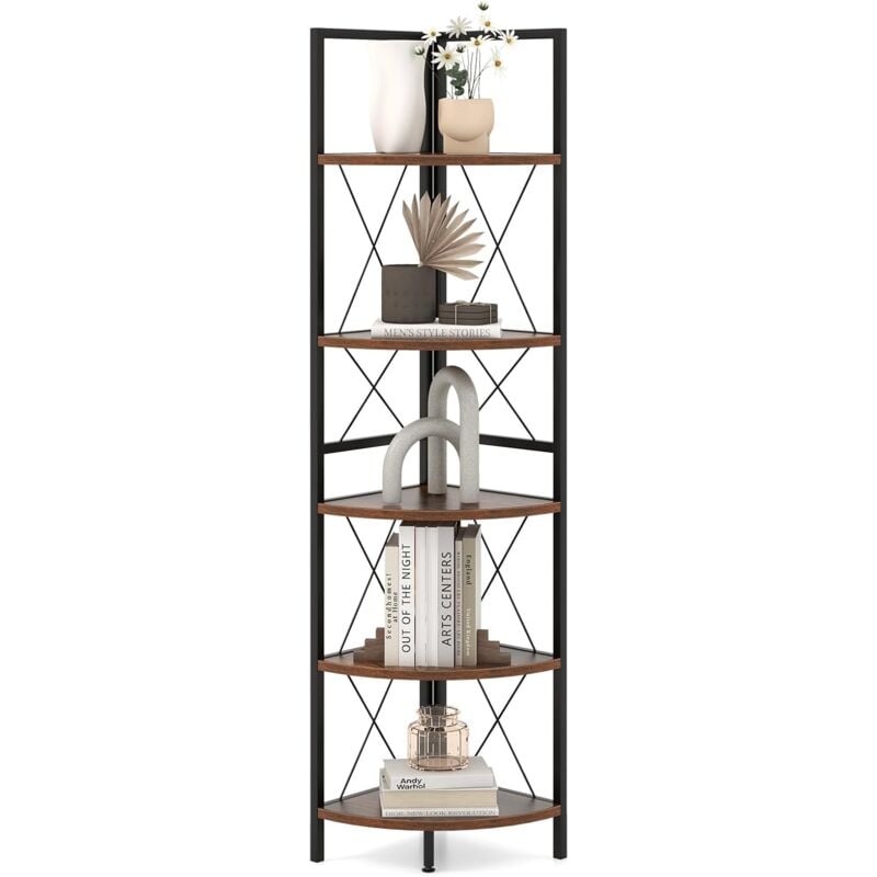 Goplus - Biblioque Étagère Angle à 5 Niveaux, Etagère de Rangement 160cm, Cadre en Métal, Kits Anti-basculement, Supports en Forme de 'x', Style