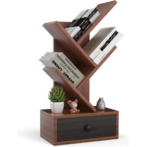 GOPLUS Bibliothèque 5 Niveaux 30x17,5x60cm avec Tiroir Amovible en Bois,Anti-Basculement,pour Salon,Bureau,Marron
