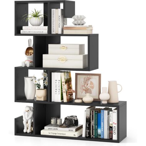 GOPLUS Bibliothèque 5 Niveaux en Forme de S, Étagère Bibliothèque avec Kits Anti-basculement, Etagères Ouvertes Géométriques pour Salon, Bureau, Chambre, 80x22x100cm (Noir)