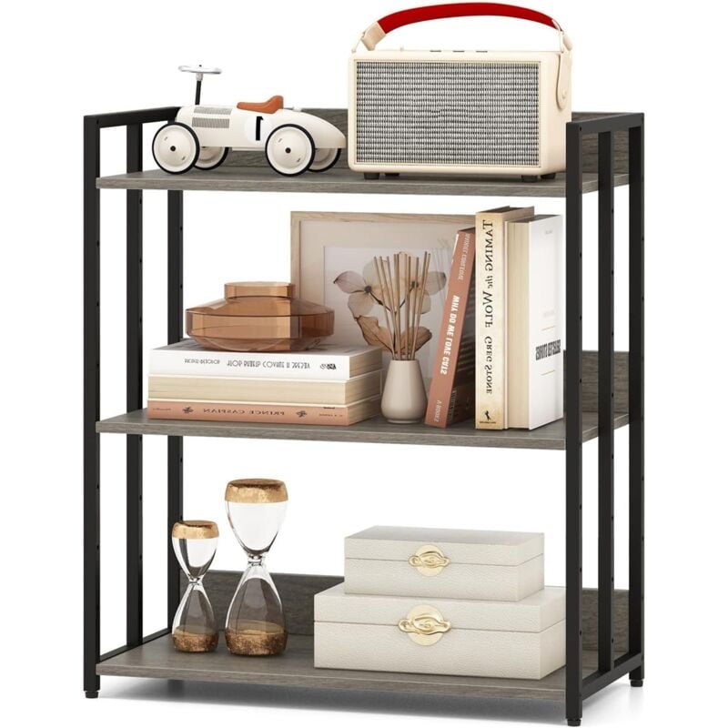 Bibliothèque à 3 Niveaux avec Étagère Réglable-Cadre en Métal-Dispositif Anti-Renversement-pour Bureau, Salon, Cuisine Gris - Goplus