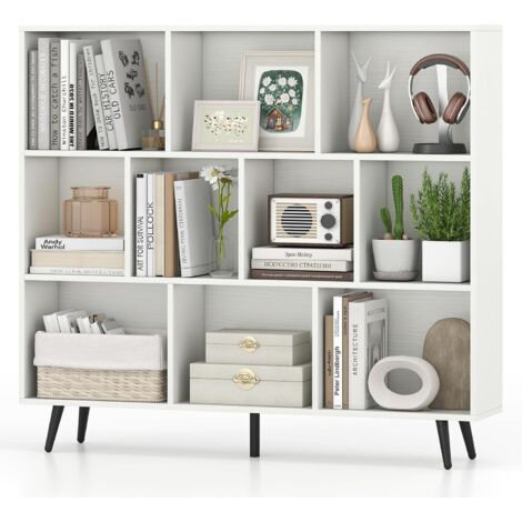 GOPLUS Bibliotheque à 3 Niveaux, Étagère Blanche en Bois avec 10 Compartiments, 4 Pieds Métalliques Inclinés, Dispositif Anti-basculement, Meuble de Rangment pour Salon, Bureau, 120x24x107CM