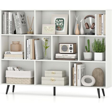 GOPLUS Bibliotheque à 3 Niveaux, Étagère Blanche en Bois avec 10 Compartiments, 4 Pieds Métalliques Inclinés, Dispositif Anti-basculement, Meuble de Rangment pour Salon, Bureau, 140x24x107CM