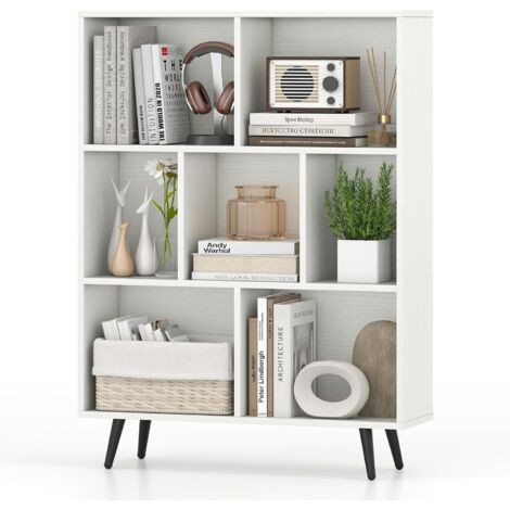 GOPLUS Bibliotheque à 3 Niveaux, Étagère Blanche en Bois avec 7 Compartiments, 4 Pieds Métalliques Inclinés, Dispositif Anti-basculement, Meuble de Rangment pour Salon, Bureau, 80x24x107CM