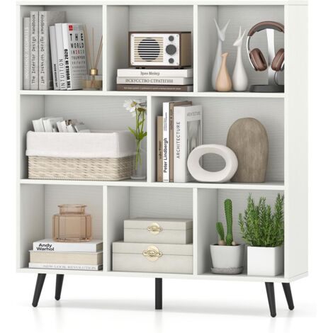 GOPLUS Bibliotheque à 3 Niveaux, Étagère Blanche en Bois avec 8 Compartiments, 4 Pieds Métalliques Inclinés, Dispositif Anti-basculement, Meuble de Rangment pour Salon, Bureau,100x24x107CM