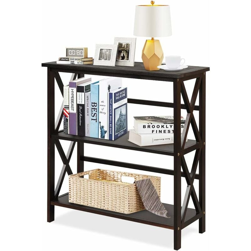 Goplus - Bibliothèque à 3 Niveaux, étagère sur Pied en Bois avec 3 Compartiments Ouverts, Dispositif Anti-basculement & Barres de Renfort, étagère