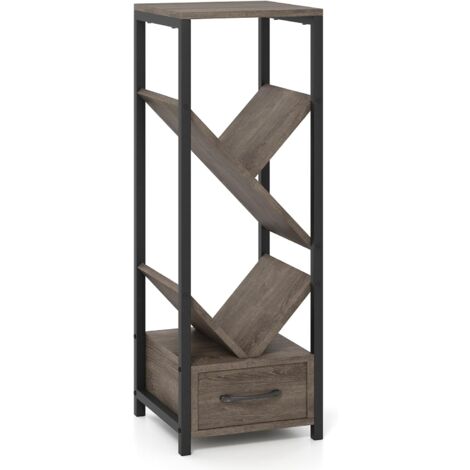GOPLUS Bibliothèque à 4 Niveaux, Étagère Bibliothèque en Forme d'arbre avec Tiroir, Cadre en Métal, Étagère pour Salon, Maison, Bureau, 30,5x30,5x91,5cm, Gris et Noir