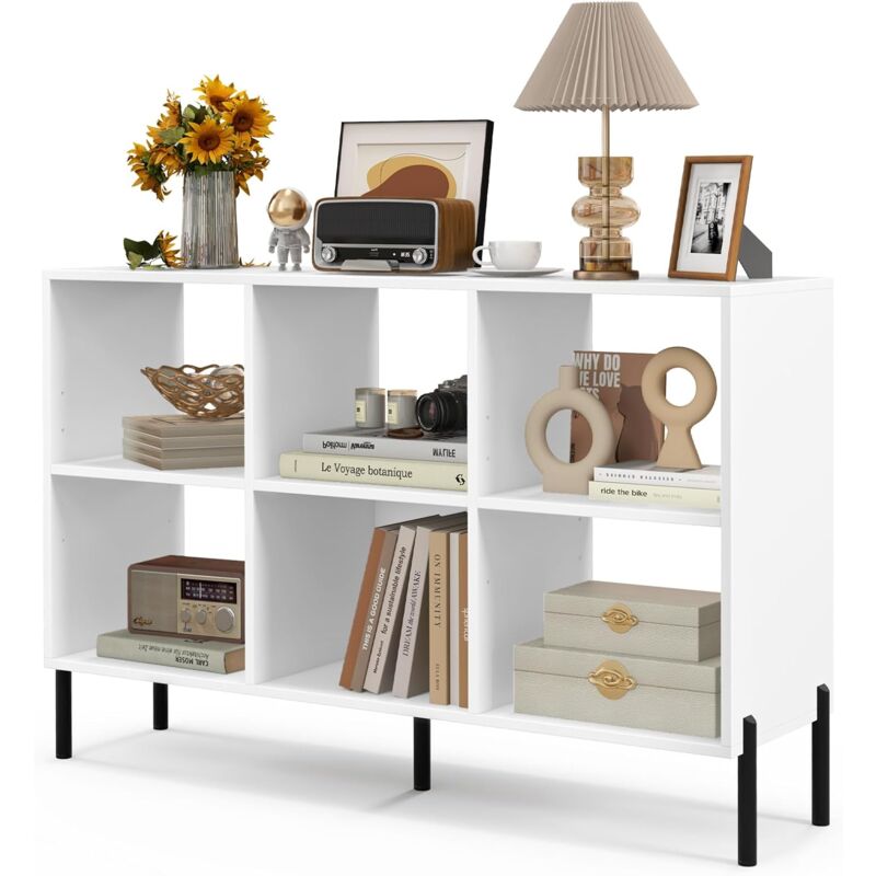 Goplus - Meuble à Casier 6 Cubes-Bibliothèque Étagère Ouverte à 3 Niveaux-5 Pieds en Métal-120x35x79,5cm Charge 150KG Blanc