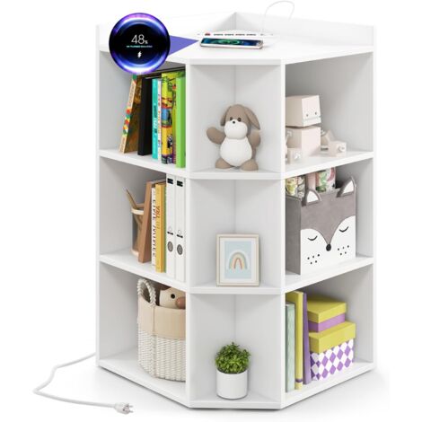 GOPLUS Bibliothèque d'angle avec Station de Charge, 4 Prises, 2 USB, 3 Niveaux avec 9 Casiers pour Jouets, Livres, Organisateur de Rangement d'angle pour Chambre, Salle de Jeux, Salon (Blanc)