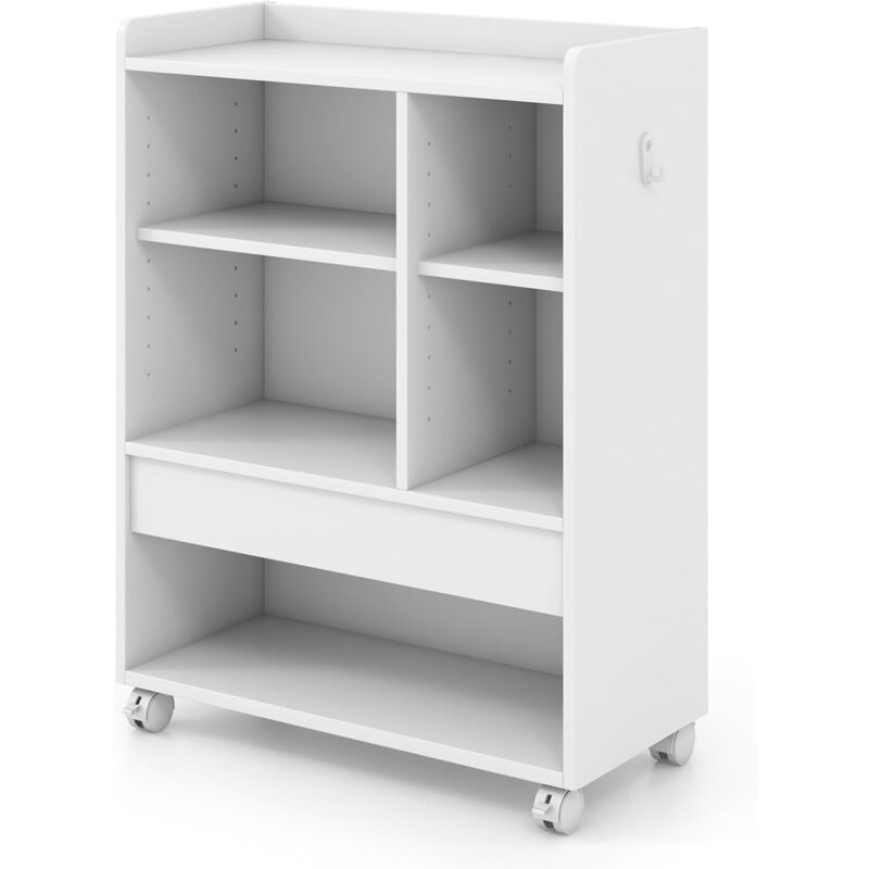 Goplus - Bibliothèque de Rangement à roulettes avec Tiroir, 2 Etagères Réglables, Compartiments Ouverts, Crochets, Caisson de Bureau Mobile pour
