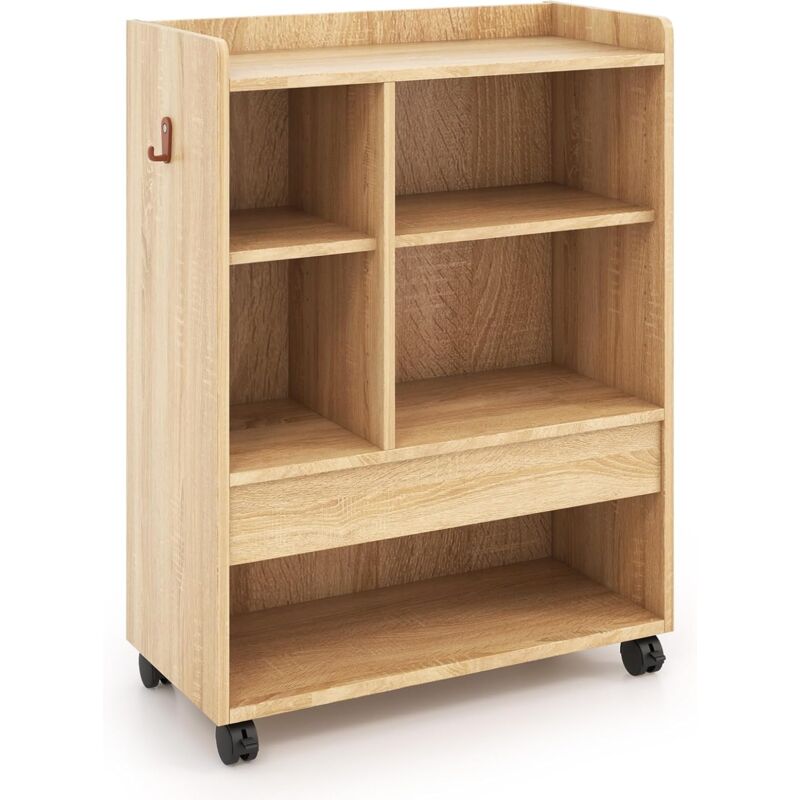 Goplus - Bibliothèque de Rangement à roulettes avec Tiroir, 2 Etagères Réglables, Compartiments Ouverts, Crochets, Caisson de Bureau Mobile pour