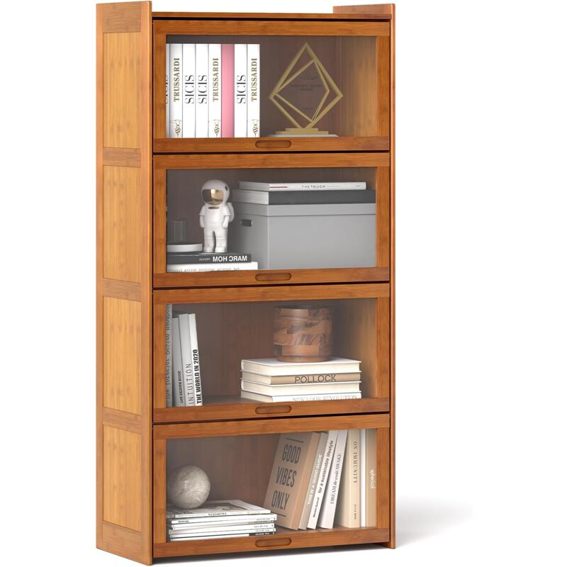 Goplus - Bibliothèque en Bambou à 4 Etagères 69x34x140CM avec Portes en Arclyques-Dispositif Anti-basculement,Marron