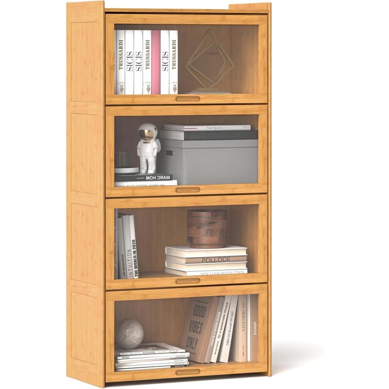 Goplus - Bibliothèque en Bambou à 4 Etagères 69x34x140CM avec Portes en Arclyques-Dispositif Anti-basculement,Naturel