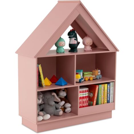 GOPLUS Bibliothèque Enfant à 3 Niveaux, Meuble de Rangement Enfant en Forme de Maison avec 5 Étagères Ouvertes, Kit Anti-Basculement, Charge 110KG, pour Chambre Salon (Rose)