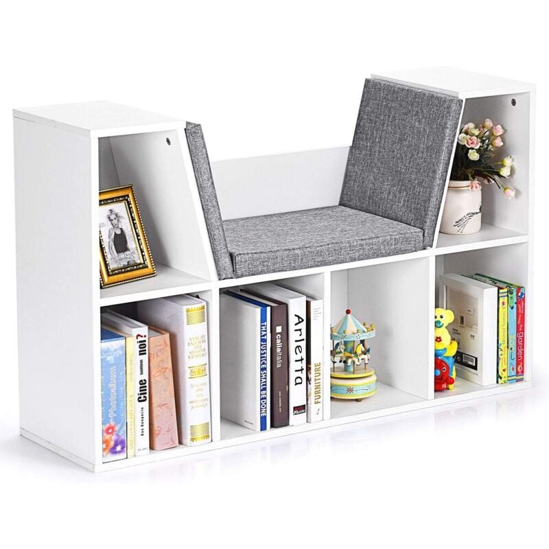 Goplus - Bibliothèque Enfant avec Coussin, Etagères de Rangement Livres, 6 Compartiments de Stockage, 102,5 x 30 x 63,5 cm, Blanc