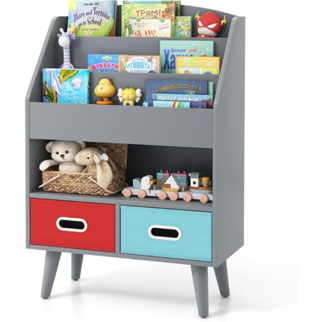 GOPLUS Bibliothèque Enfant, Étagère Enfant à 3 Niveaux avec 2 Tiroirs Pliables, Organisateur de Livres Jouets avec Anti-Basculement, Meuble de Rangment pour Chambre d'enfants, Crèche (Gris)