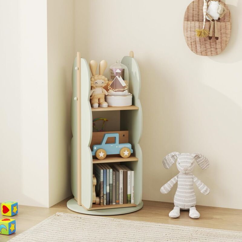 Bibliothèque Enfant Rotative à 360°, Étagère à Jouets Livres pour Petits Espaces, Meuble de Rangment Enfant avec Crochets Suspendus pour Chambre,
