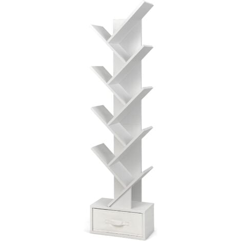 GOPLUS Bibliothèque Étagères 10 Niveaux avec Armoire en Bois, Anti-Basculement, Tiroir Amovible, Meuble de Rangement en Bois pour Salon, Bureau, Chambre, Style Moderne, 38 x 21,5 x 149,5 CM, Blanc