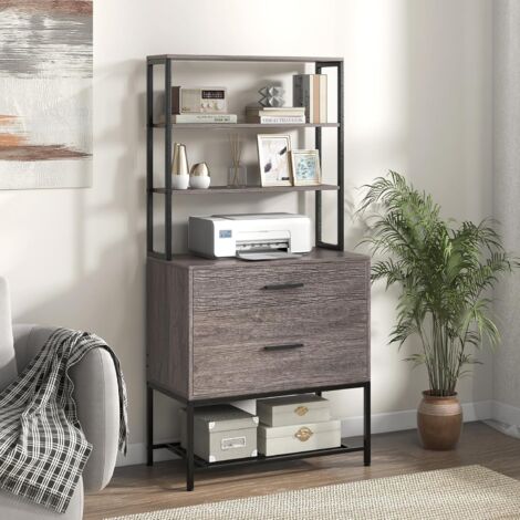 GOPLUS Bibliothèque Étagères Salon, Bibliothèque Meuble de Rangement avec Étagères et 2 Tiroirs Compatible, Dossiers de Format Lettre A4, Style Industriel pour Domicle Bureau, 75x40x156cm (Gris)