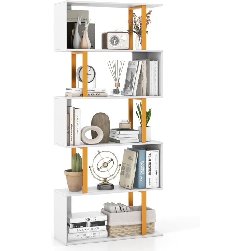Bibliothèque Géométrique à 5 Étagères 70x24x157CM-Étagère d'Exposition en Forme de s avec Kits Anti-basculement - Goplus