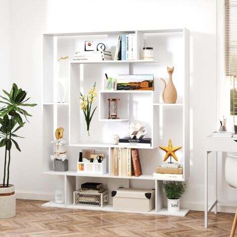 GOPLUS Bibliothèque Géométrique avec Cubes Ouvertes, Bibliothèque Étagère avec 2 Kits Anti-Basculement, Moderne pour Salon, Bureau, 125x22x150cm (Blanc)