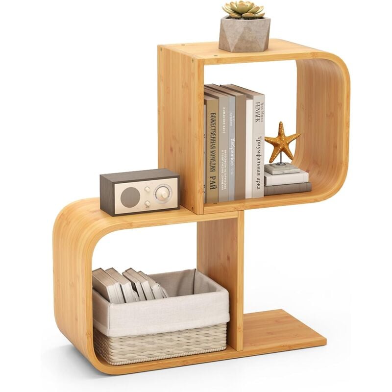 Bibliothèque Géométrique en Bambou en Forme de 's' à 2 Niveaux avec Cubes Ouverts-Kits Anti-Basculement-61x23x66,5CM - Goplus
