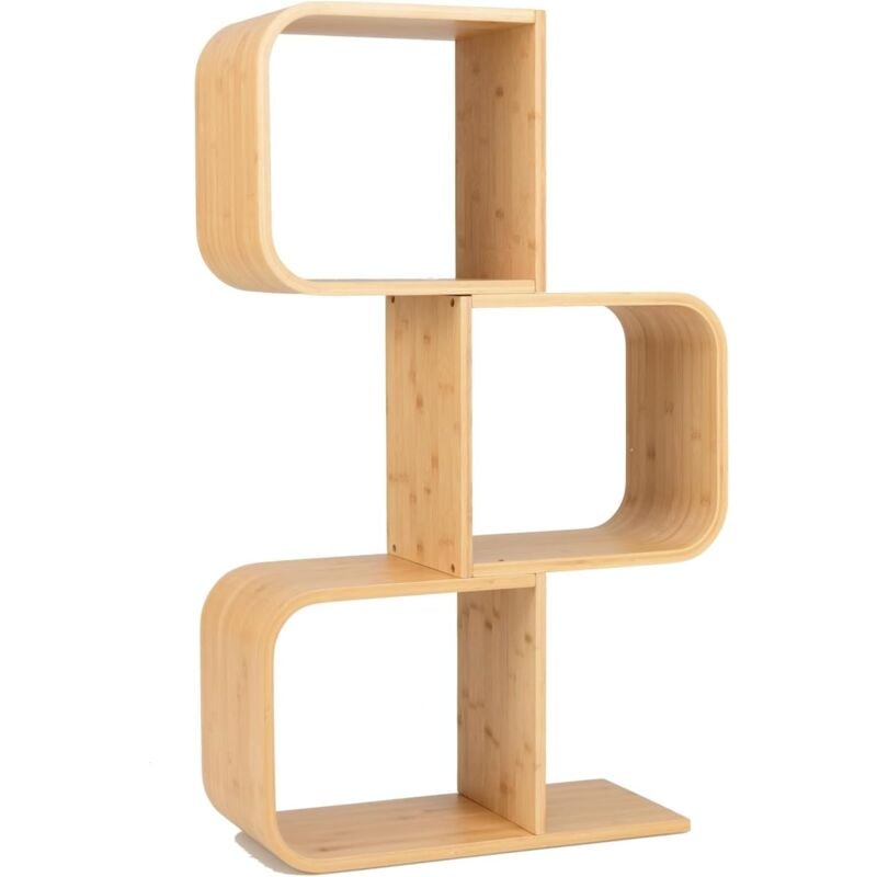 GOPLUS Bibliothèque Géométrique en Bambou en Forme de 'S' à 3 Niveaux avec Cubes Ouverts-Kits Anti-Basculement-61x23x99CM