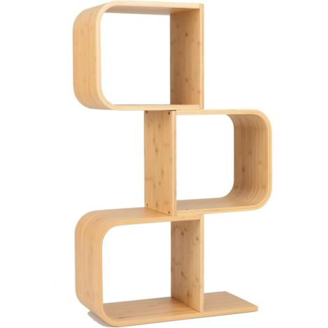 GOPLUS Bibliothèque Géométrique en Bambou en Forme de 'S' à 3 Niveaux avec Cubes Ouverts-Kits Anti-Basculement-61x23x99CM