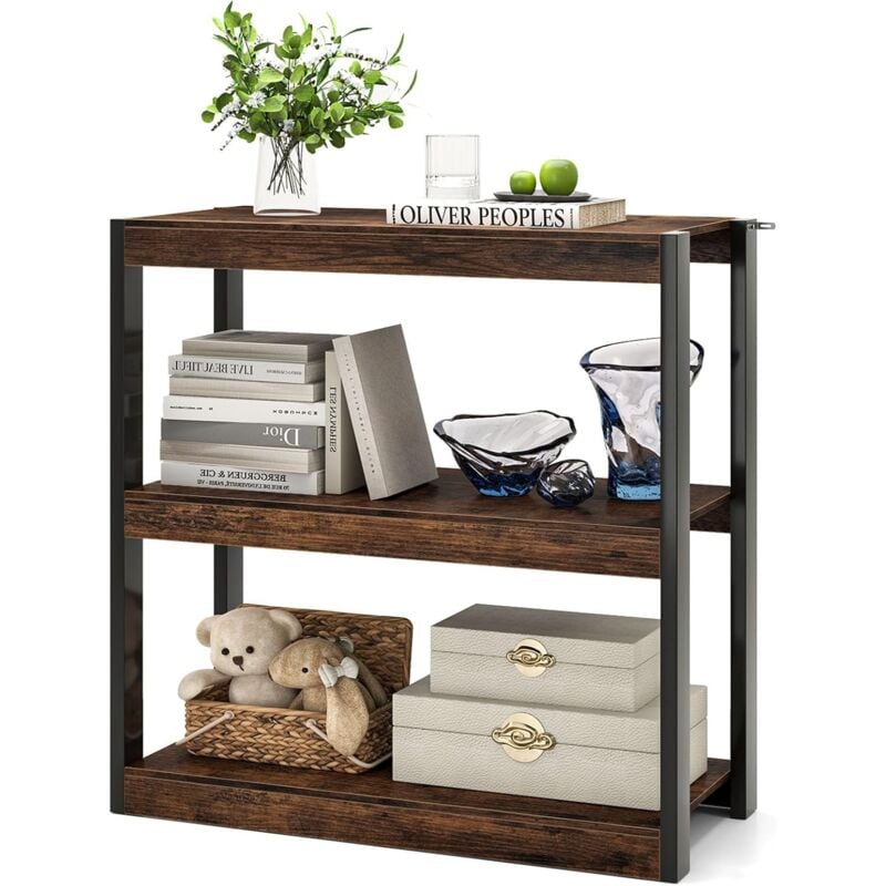 Goplus - Bibliothèque Ouverte à 3 Niveaux 90x39,5x90CM-Etagère de Rangement d'Angle avec Cadre en Métal-Style Industriel-Marron