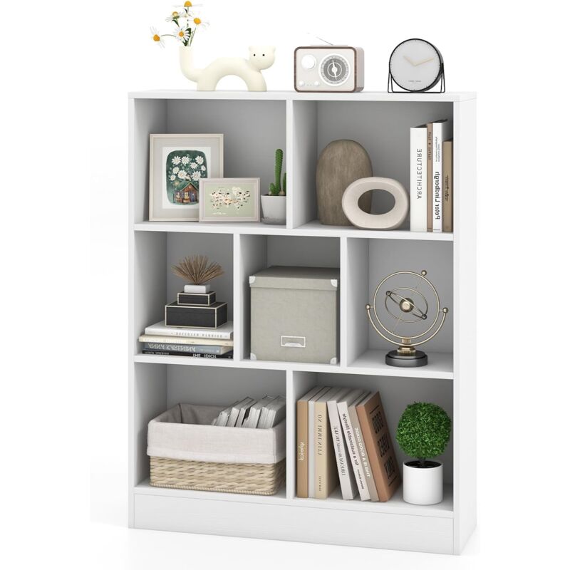 Goplus - Bibliothèque Ouverte à 3 Niveaux, Étagère de Rangement à 7 Cubes avec Dispositifs Antibasculement, Étagère de Rangement Indépendante,