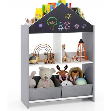 GOPLUS Bibliothèque pour Enfants en Forme de Maison avec Tableau Noir/Blanc-2 Compartiments et 2 Bacs en Tissu Gris