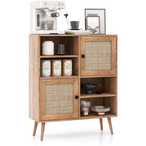 Goplus – Bibliothèque scandinave 80 x 29,5 x 97 cm – 2 portes en rotin – Armoire de rangement avec dispositif anti-basculement – Style naturel