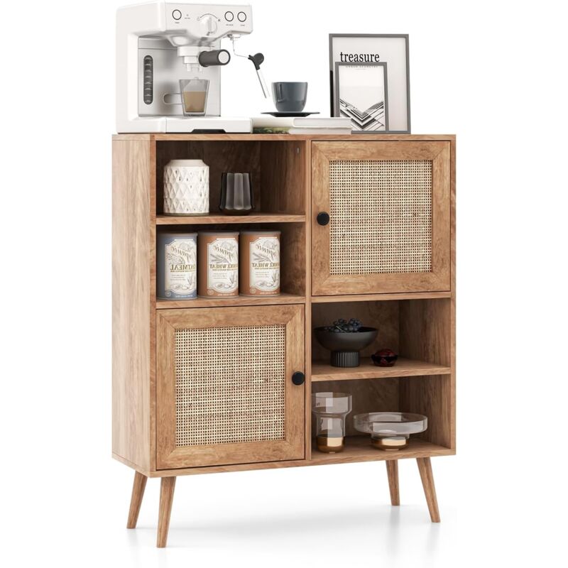 Bibliothèque scandinave avec 2 Portes en Rotin, 80 x 29,5 x 97 cm, Armoire de Rangement avec Dispositifs Anti-Basculement, Naturel - Goplus