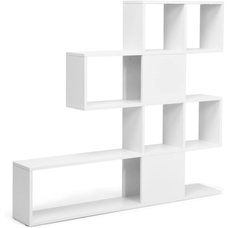 Goplus - Bibliothèque sur Pied à 4 Niveaux, Meuble de Rangement en Forme Irrégulière avec Étagère Ouverte et Compartiments 120x19,5x120cm Blanc