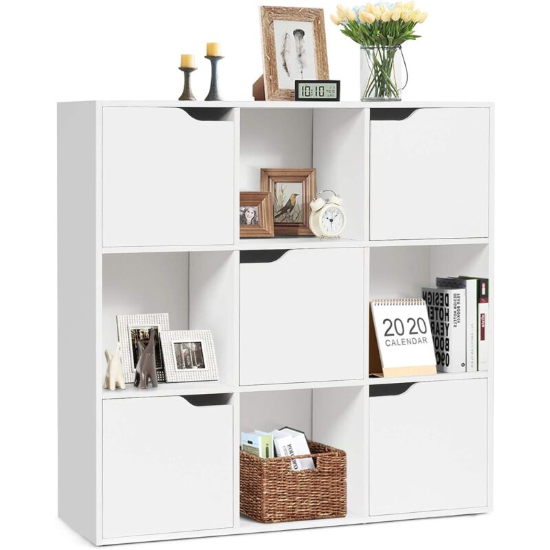 Goplus - Bibliotheque Meuble de Rangement 9 Compartiments, Etagere de Rangement avec 5 Portes, Montage Facile, Ideal pour Bureau, Salon, Chambre
