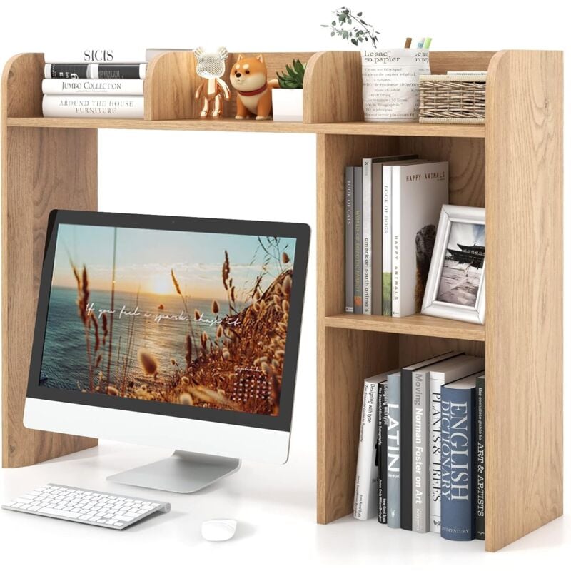 Goplus - Bibliothèque de Bureau en Bois avec Plusieurs Tablettes, Organiseur de Bureau avec Dispositif Anti-Basculement, 94 x 25 x 74 cm, Naturel