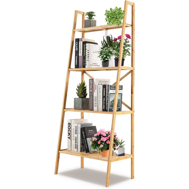 Goplus - Bibliothèque en Bambou,étagère en échelle à 4 Niveaux,avec Dispositif Anti-basculement,pour Salon/Entrée,Naturel