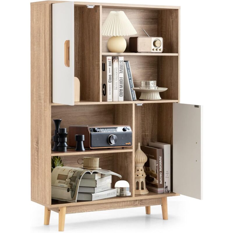 Goplus - Bibliotheque Meuble de Rangement a 4 Niveaux avec 4 Etageres Ouvertes et 2 Cabinets de Porte, Meuble de Rangement pour Salon, Cuisine Etude,