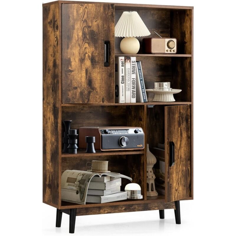 Goplus - Bibliotheque Meuble de Rangement a 4 Niveaux avec 4 Etageres Ouvertes et 2 Cabinets de Porte, Meuble de Rangement pour Salon, Cuisine Etude,